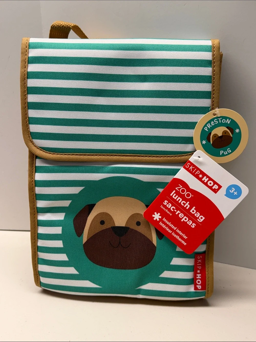 Skip Hop Kids Stripe Lunch Bag PUG Teal and White with Tan Trim